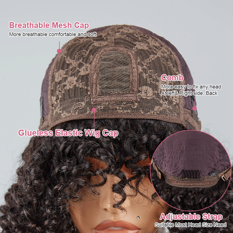 Glueless Bob Wig With Bangs Water Curly Textured Human Hair