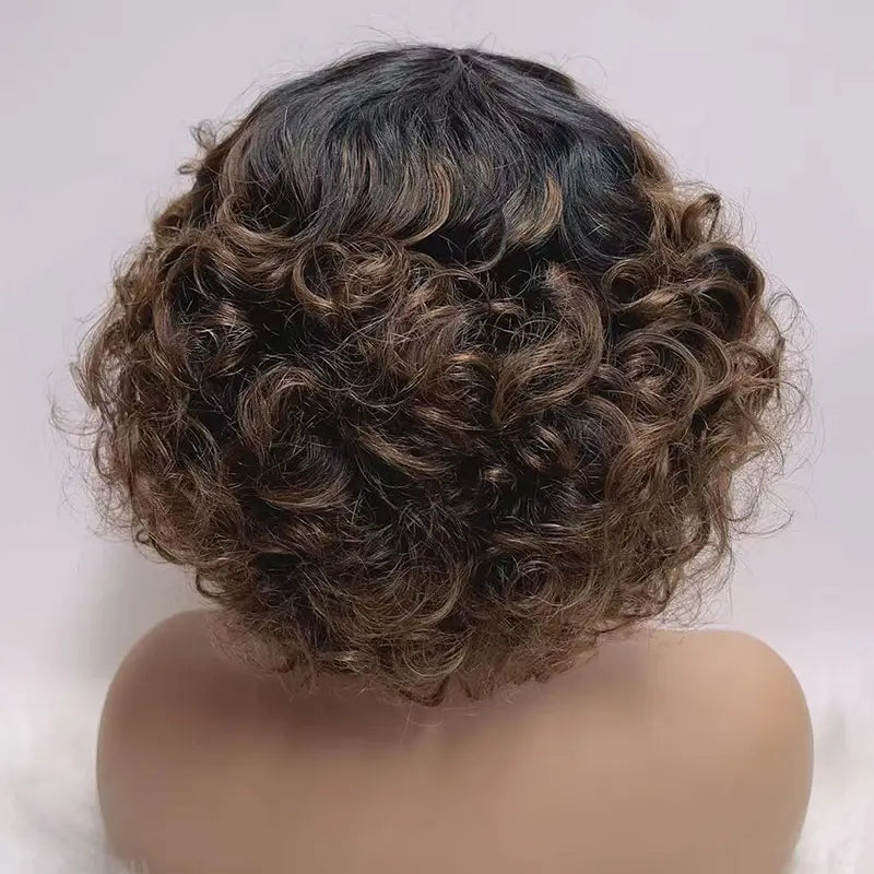 Fluffy Glueless Bob Curly Highlight Brown Human Hair Wig