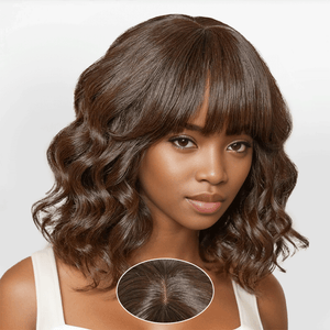 Glueless Cute Brown Color Loose Wave Bob Wig With Bangs