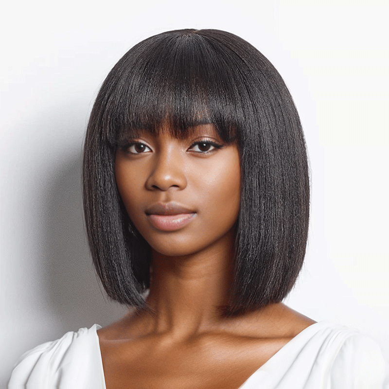 Shine Hair For Beginners Glueless Yaki Straight Bob With Bangs Wig