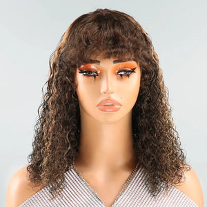 Glueless Ombre Highlight Bob Curly With Kinky Bangs Wig