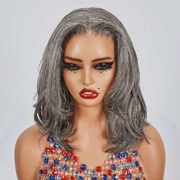  7x5 Glueless Salt & Pepper Bob Short Layered Wavy Wig