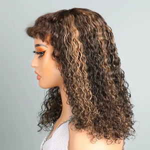 Glueless Ombre Highlight Bob Curly With Kinky Bangs Wig