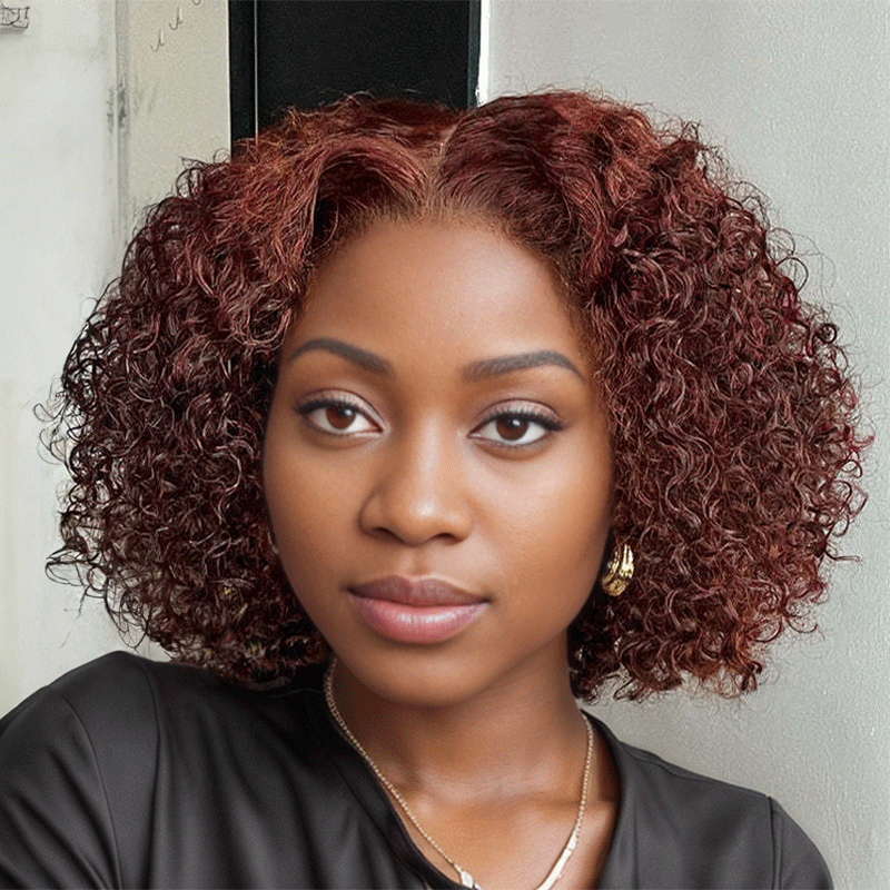 Shine Hair 9x6 Glueless Dark Reddish Brown Bob Curly Wave Wig