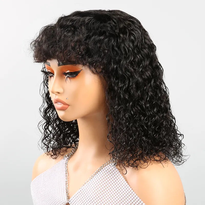 Shine Hair Voluminous Glueless Bob Curly With Bangs 3s Wear Go Wig