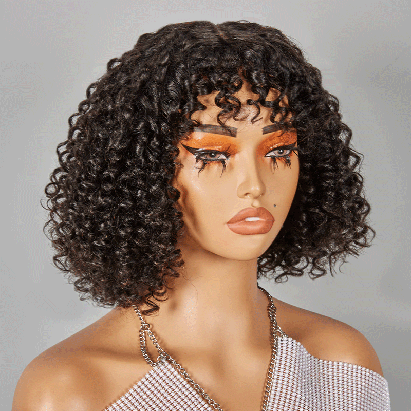 Glueless Bob Wig With Bangs Water Curly Textured Human Hair