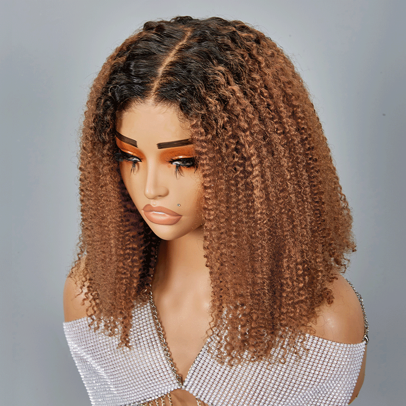 9x6 Glueless Ombre Honey Brown Kinky Curly Bob Wig