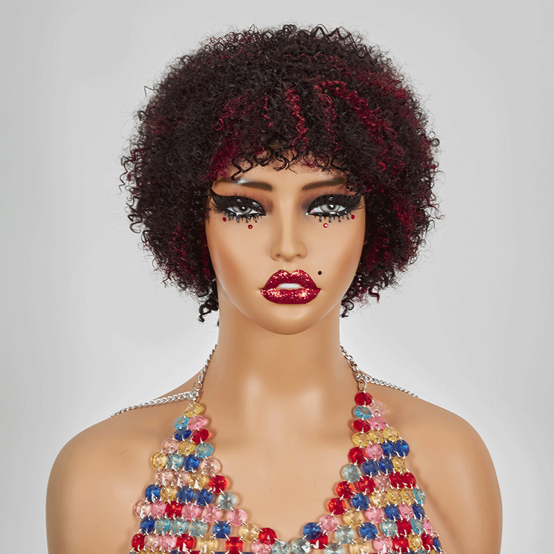 Shine Hair Wig Glueless Afro Red Highlight Kinky Curly Short Bob Pixie Wig