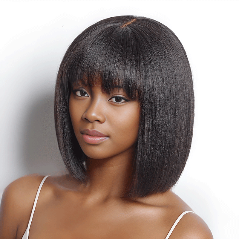 Shine Hair For Beginners Glueless Yaki Straight Bob With Bangs Wig