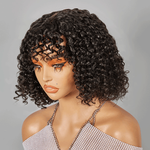 Glueless Bob Wig With Bangs Water Curly Textured Human Hair