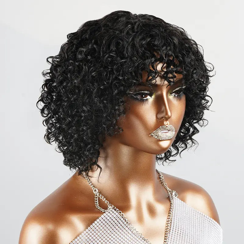 Shine Hair Glueless Natural Playful Curly Short Bob With Curly Bangs Wig