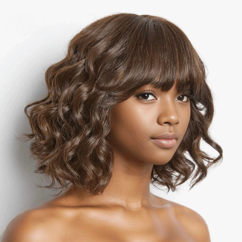 Shine Hair Wig Glueless Cute Brown Color Loose Wave Bob Wig With Bangs