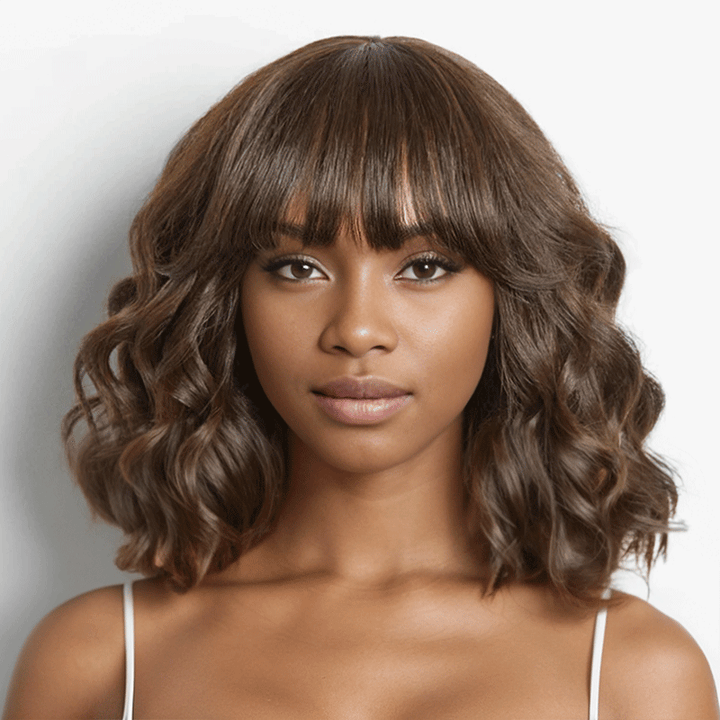 Shine Hair Wig Glueless Cute Brown Color Loose Wave Bob Wig With Bangs