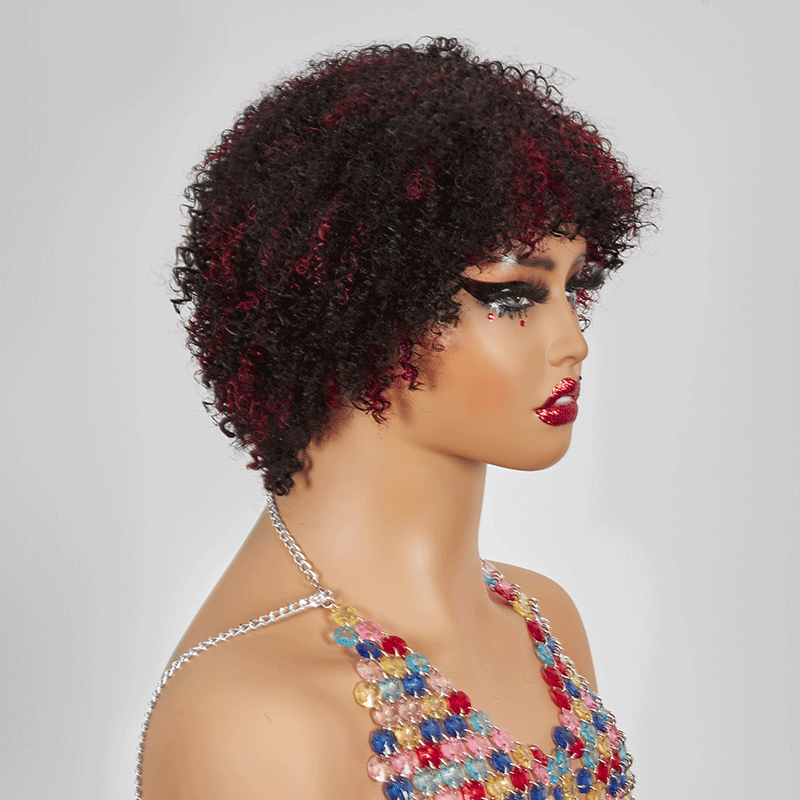 Shine Hair Wig Glueless Afro Red Highlight Kinky Curly Short Bob Pixie Wig