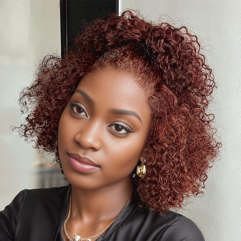 Shine Hair 9x6 Glueless Dark Reddish Brown Bob Curly Wave Wig