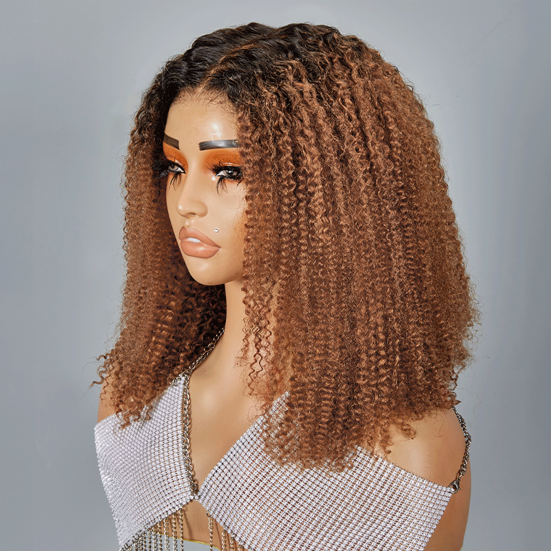 9x6 Glueless Ombre Honey Brown Kinky Curly Bob Wig