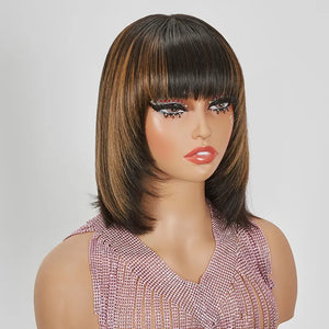 Shine Hair WIg Glueless Layered Highlight Colorful Bob Wig With Smooth Bangs