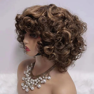 Fluffy Glueless Bob Curly Highlight Brown Human Hair Wig