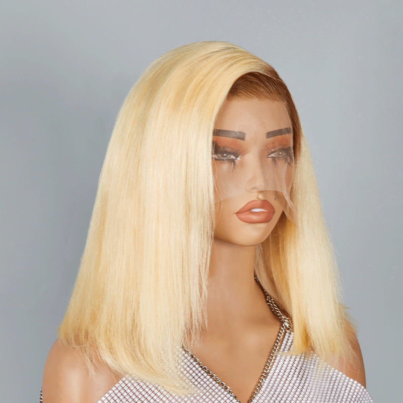 Shine Hair 13x4 C Part Lace Frontal Brown Blend Blonde Human Hair Bob Wig