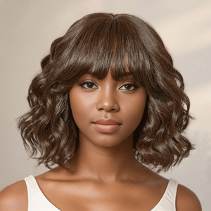 Glueless Cute Brown Color Loose Wave Bob Wig With Bangs