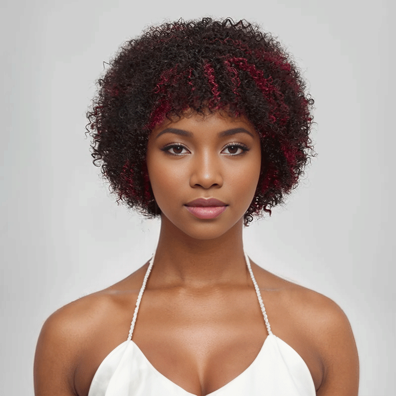 Shine Hair Wig Glueless Afro Red Highlight Kinky Curly Short Bob Pixie Wig