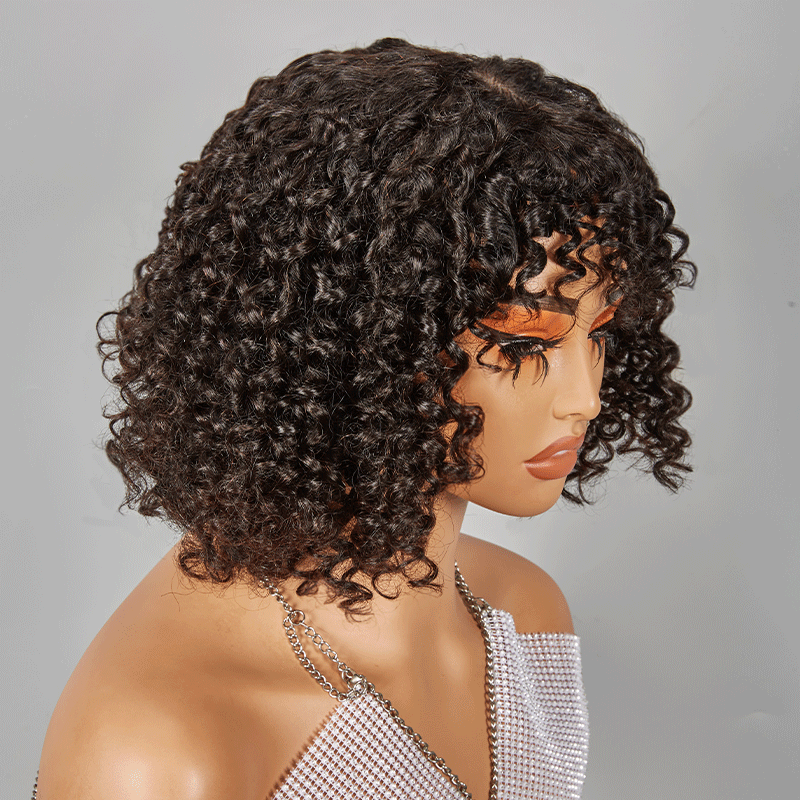 Glueless Bob Wig With Bangs Water Curly Textured Human Hair