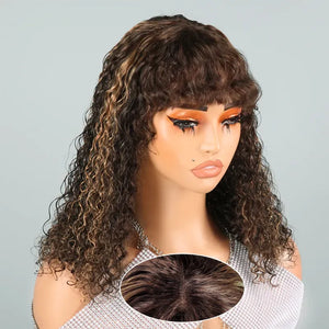 Glueless Ombre Highlight Bob Curly With Kinky Bangs Wig