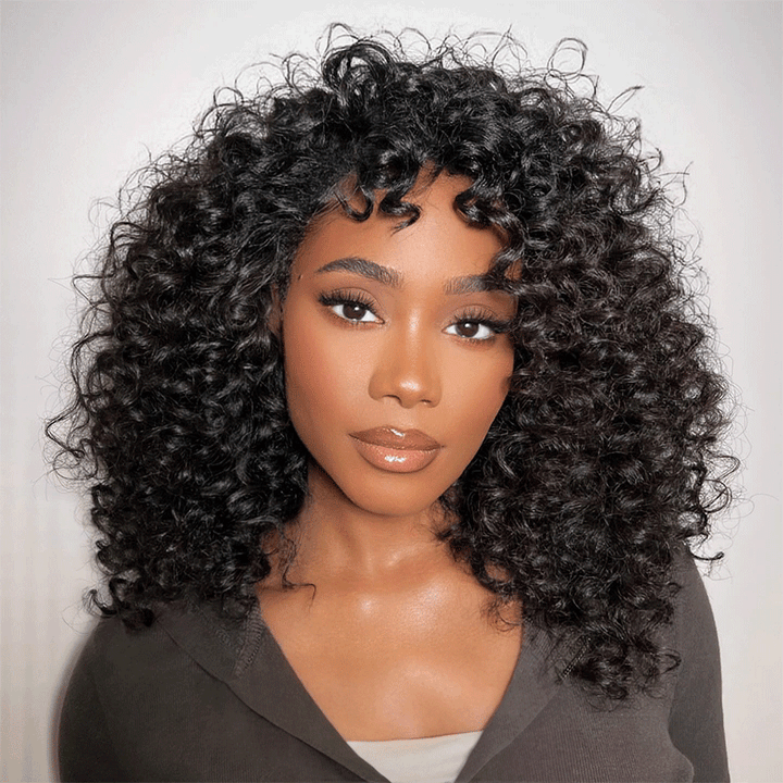 Glueless Bob Wig With Bangs Water Curly Textured Human Hair