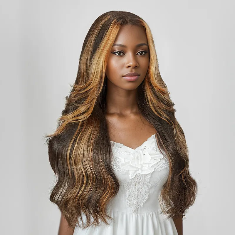 9x6 Glueless Layered Bangs Blonde Highlight Body Wave Wig