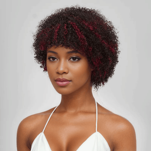 Shine Hair Wig Glueless Afro Red Highlight Kinky Curly Short Bob Pixie Wig