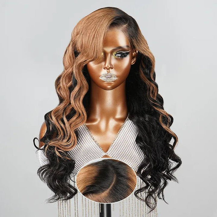 7x5 13x4 Layered C Part Glueless Brown Mix Black Body Wave Wig Human Hair - SHINE HAIR WIG