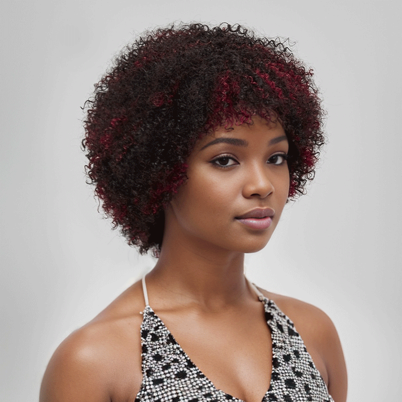 Shine Hair Wig Glueless Afro Red Highlight Kinky Curly Short Bob Pixie Wig