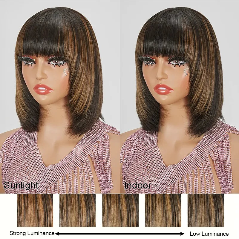 Shine Hair WIg Glueless Layered Highlight Colorful Bob Wig With Smooth Bangs