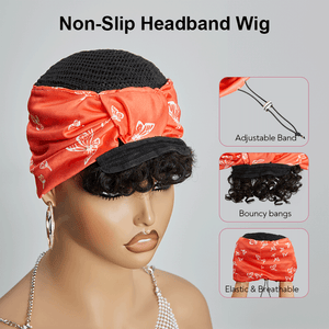 Glueless 3s Throw & Go Bob Headband With Bangs Curly Wig: Mesh cap details