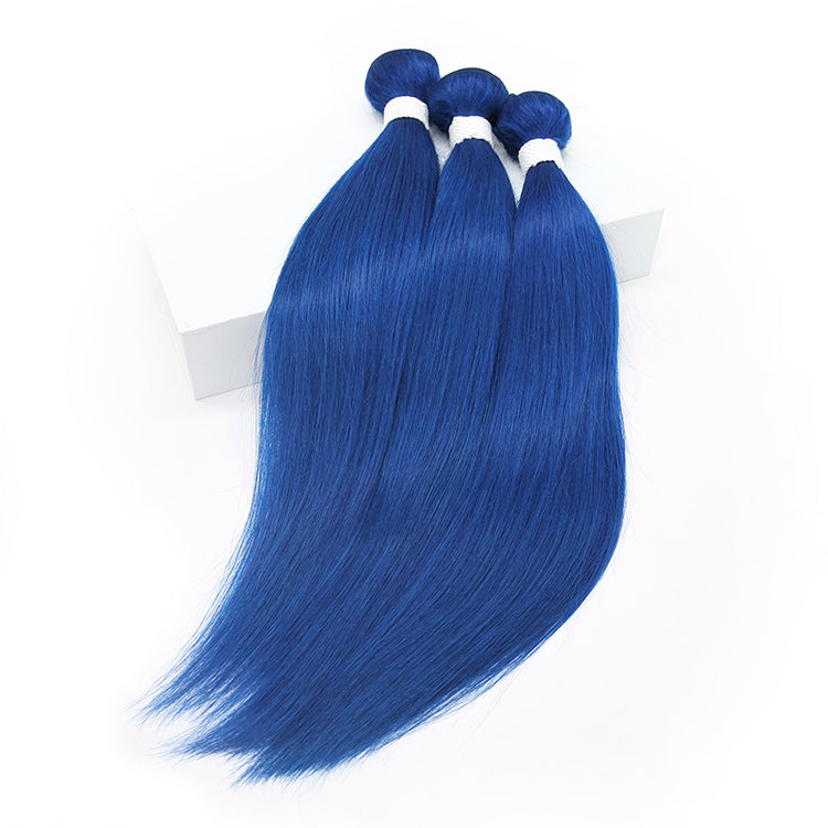 Blue Color Straight Virgin Hair Extension Bundle Deal