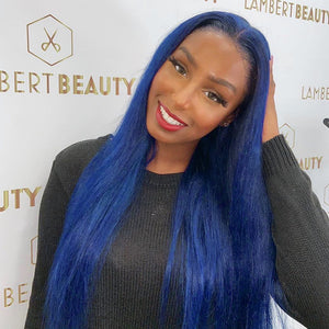 Blue Colored 13x4 Straight Wig Human Hair Lace Wig 180% Density