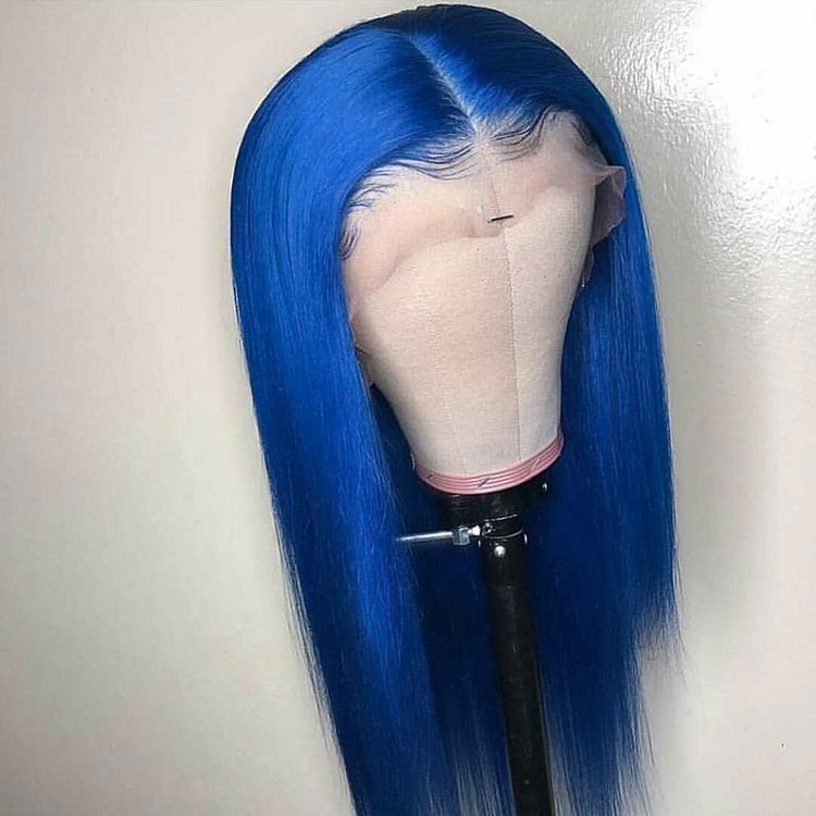 Blue Colored 13x4 Straight Wig Human Hair Lace Wig 180% Density